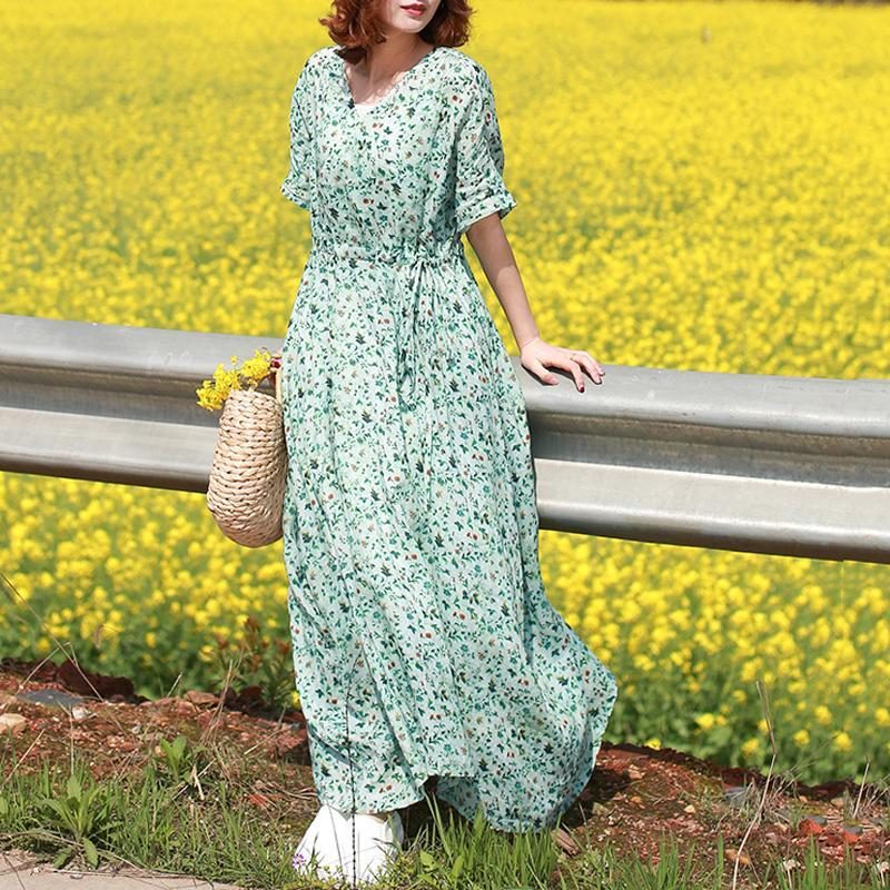 Damen-sommerkleid Mit V-ausschnitt Bedruckt Tailliert Und Kurzärmlig