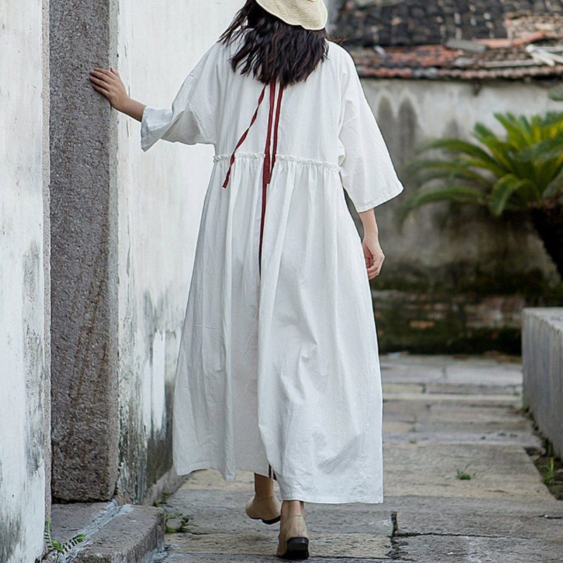 Damenkleid Mit Gerüschter Taille Gerafftem Festem Lockerem Maxikleid Mit Langen Ärmeln