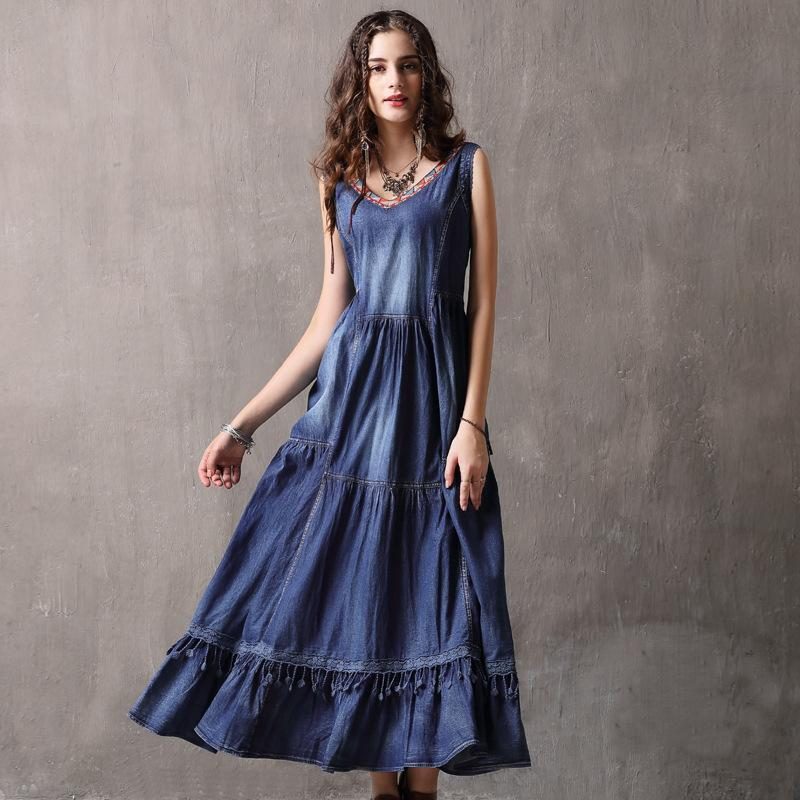 Einfarbiges Ärmelloses Denim-pulloverkleid