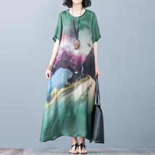 Elegantes Lässiges A-linien-kurzarmkleid Mit Landschaftsdruck