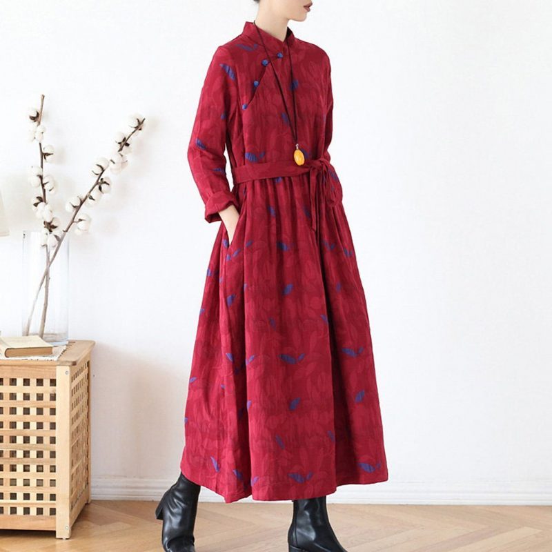 Ethnische Platte Schnalle Baumwolle Leinen Damen Winterkleid