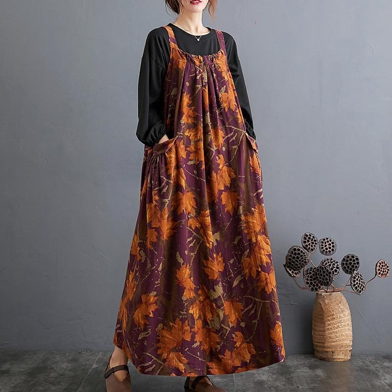 Ethnisches Herbstkleid Aus Lockerer Baumwolle Mit Blumenmuster