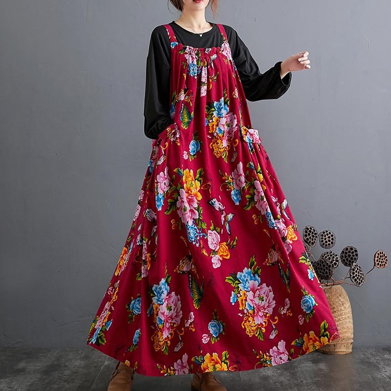 Ethnisches Herbstkleid Aus Lockerer Baumwolle Mit Blumenmuster