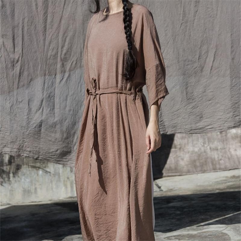 Fashion Solid Loose Color Block Maxi-kurzarmkleid Mit Gürtel