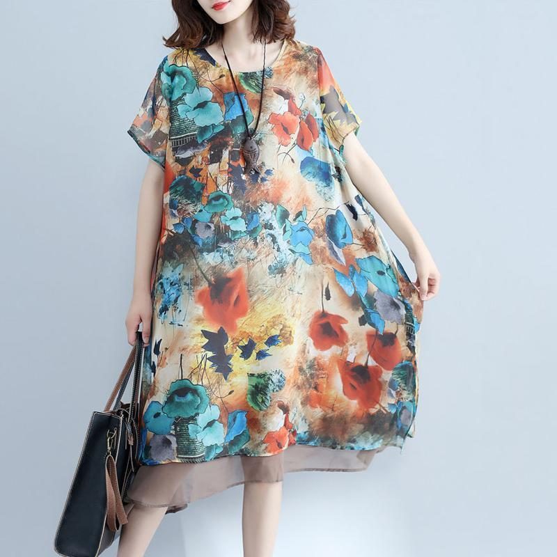 Frauen-sommer-blumen-beiläufiges Lockeres Kurzarm-kleid