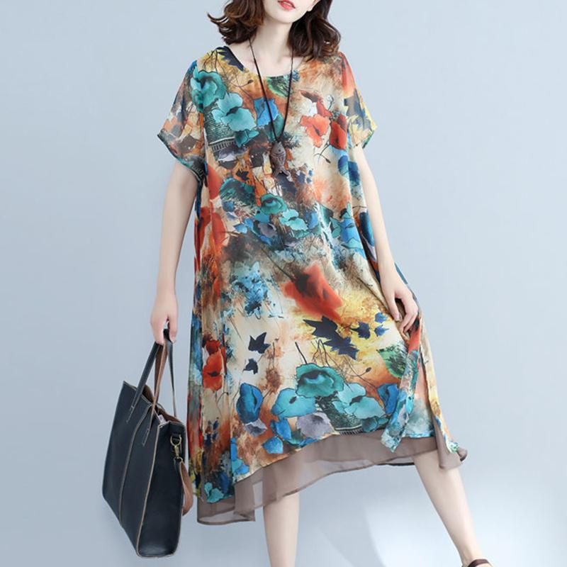 Frauen-sommer-blumen-beiläufiges Lockeres Kurzarm-kleid