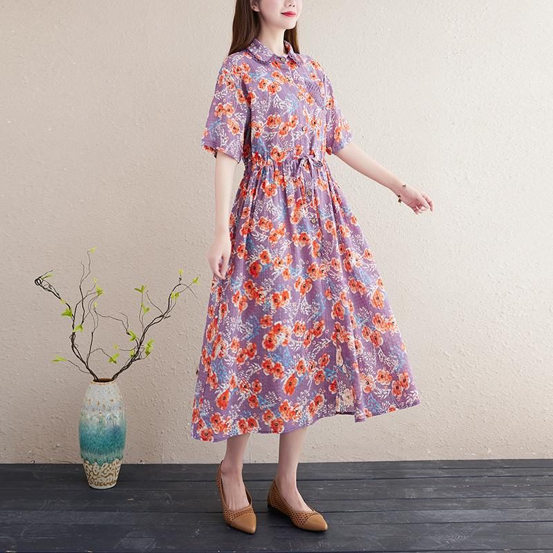 Frühling Sommer Blumenkleid Aus Baumwolle Und Leinen In Übergröße