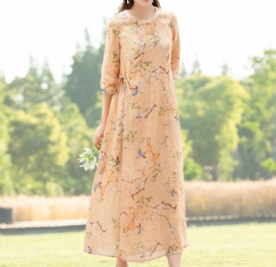 Frühling Sommer Retro Loose Leinenkleid Mit Blumenmuster