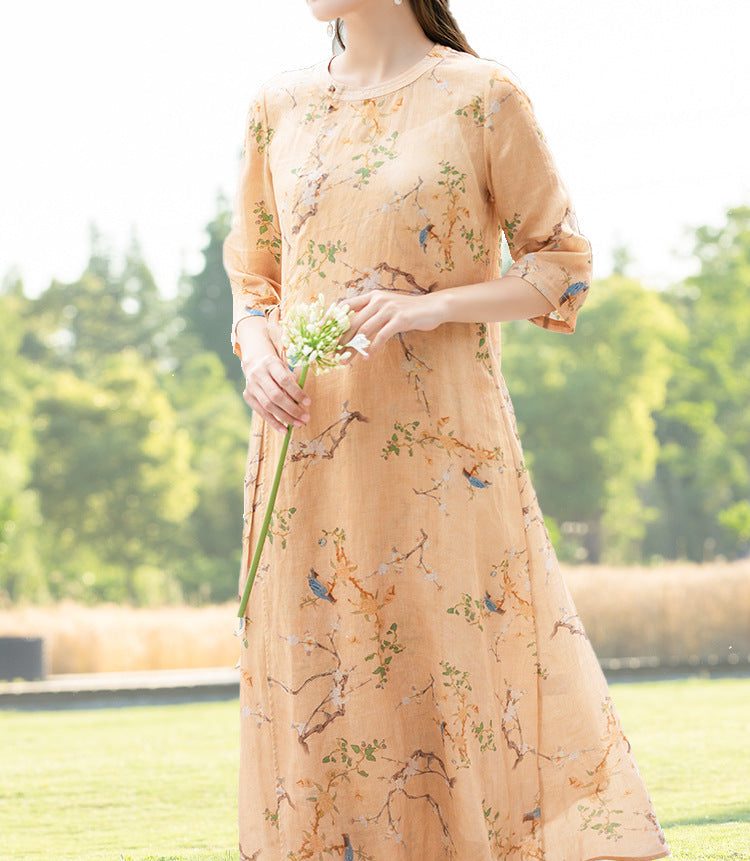 Frühling Sommer Retro Loose Leinenkleid Mit Blumenmuster