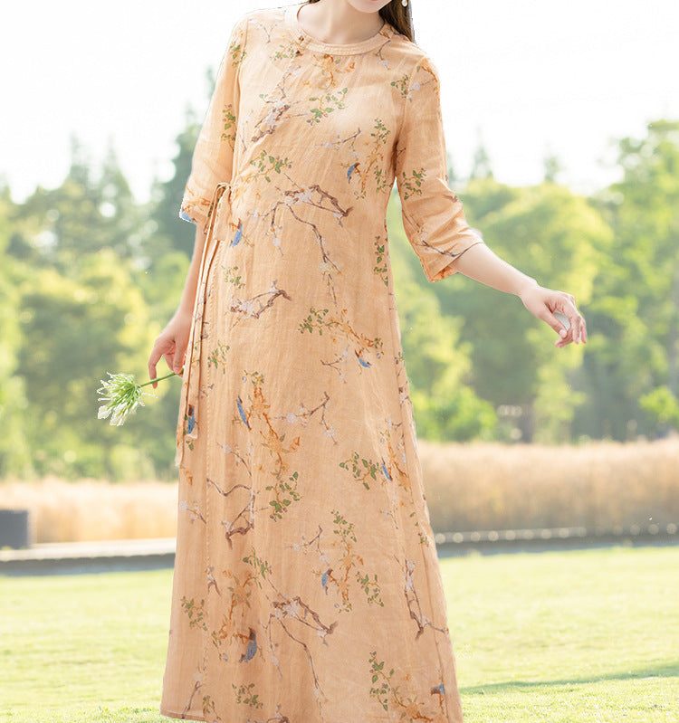 Frühling Sommer Retro Loose Leinenkleid Mit Blumenmuster