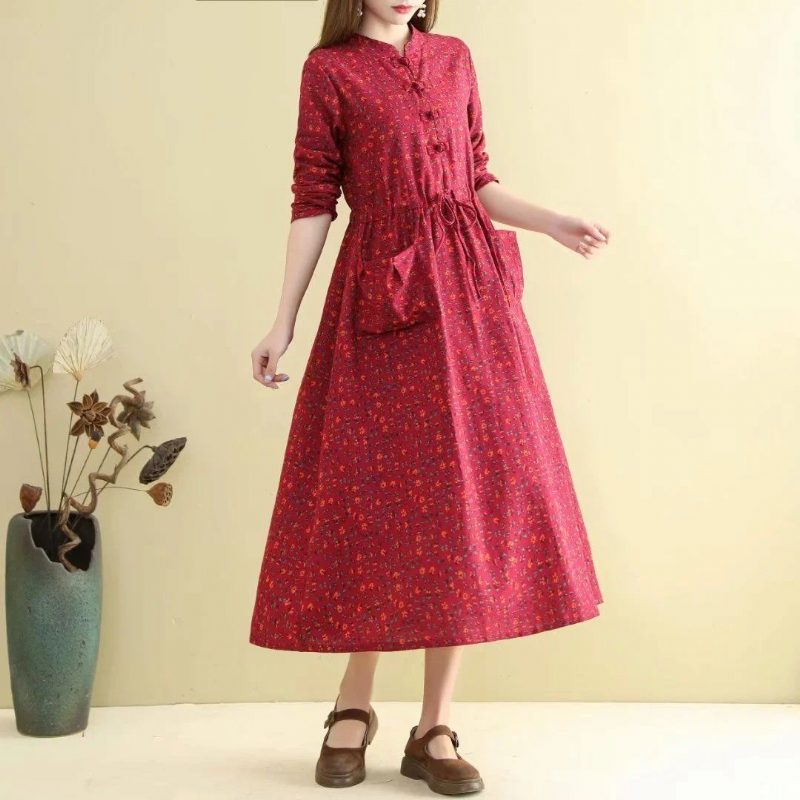 Frühlings-herbst-frauen-retro Lockeres Blumenkleid