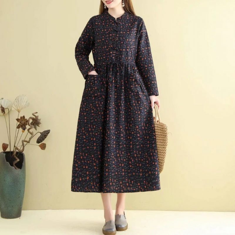 Frühlings-herbst-frauen-retro Lockeres Blumenkleid