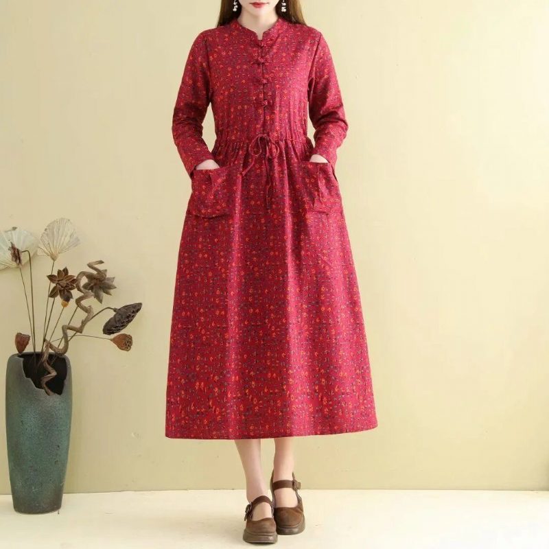 Frühlings-herbst-frauen-retro Lockeres Blumenkleid