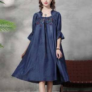 Frühlings-herbst-lose-denim-stickerei-midikleid