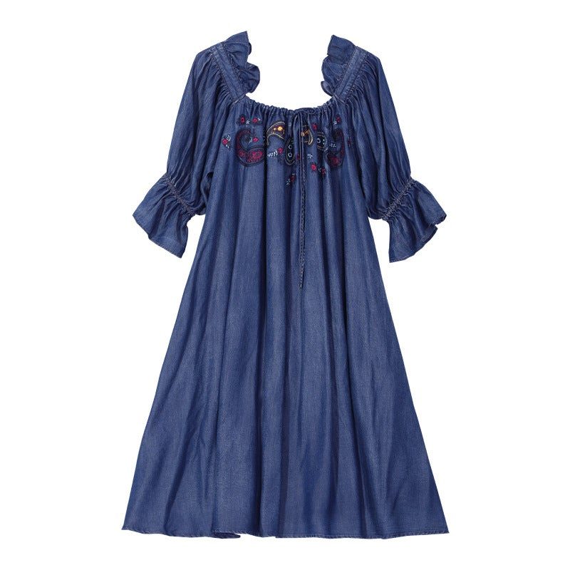 Frühlings-herbst-lose-denim-stickerei-midikleid