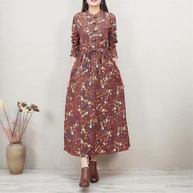 Frühlings-herbst-retro-blumen-baumwoll-leinen-lose-kleid