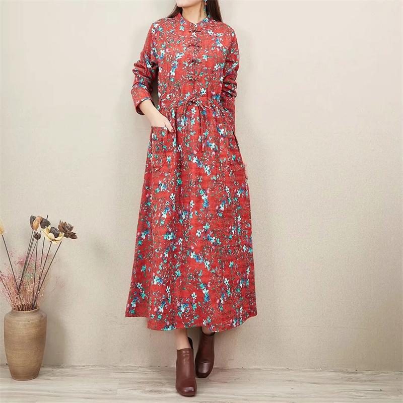 Frühlings-herbst-retro-blumen-baumwoll-leinen-lose-kleid