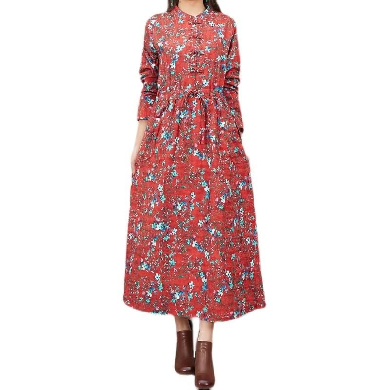 Frühlings-herbst-retro-blumen-baumwoll-leinen-lose-kleid