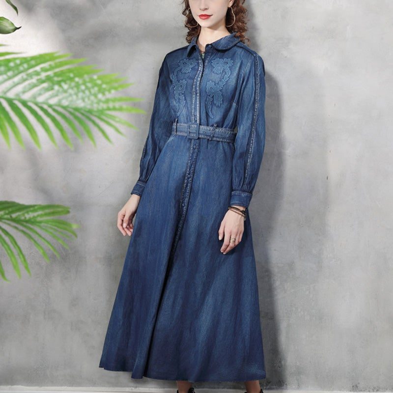 Frühlings-herbst-retro-blumenstickerei A-linie Denim-kleid