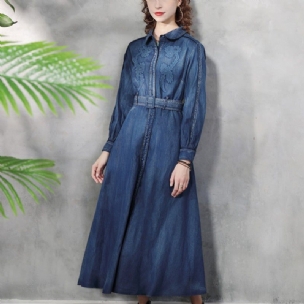 Frühlings-herbst-retro-blumenstickerei A-linie Denim-kleid