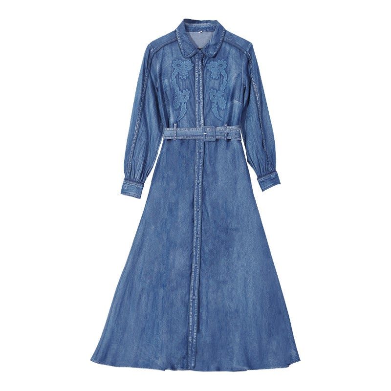 Frühlings-herbst-retro-blumenstickerei A-linie Denim-kleid