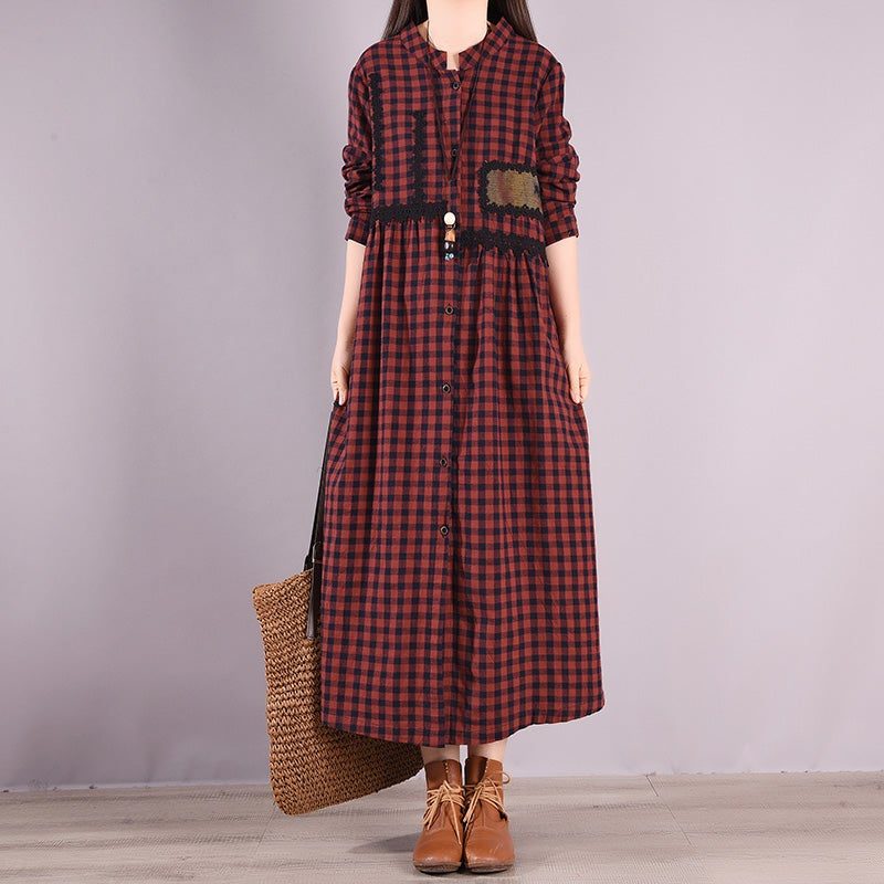 Frühlings-retro-plaid-stickerei Plus Size Baumwollkleid