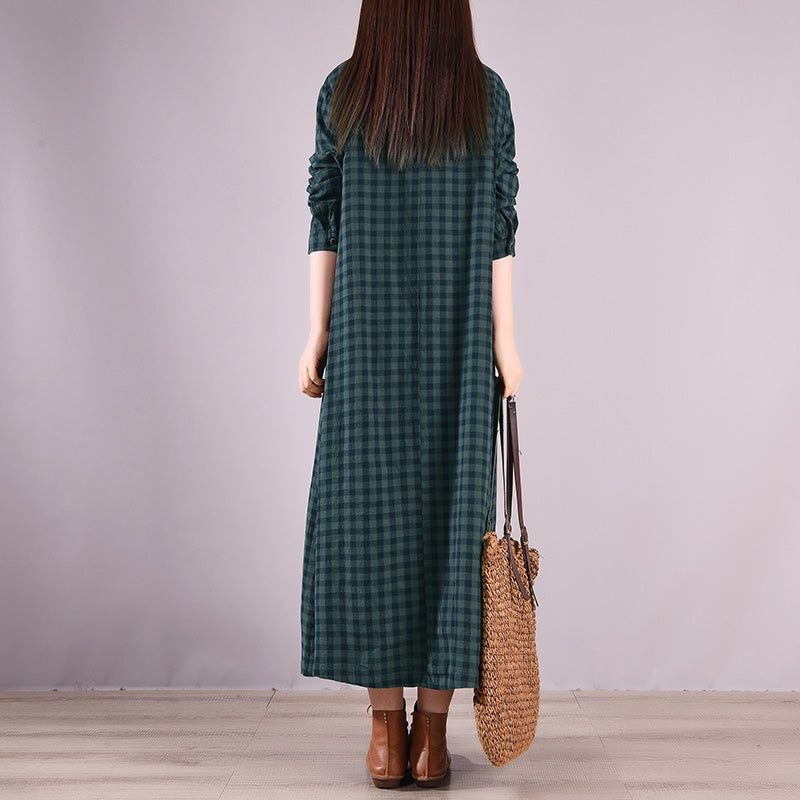 Frühlings-retro-plaid-stickerei Plus Size Baumwollkleid