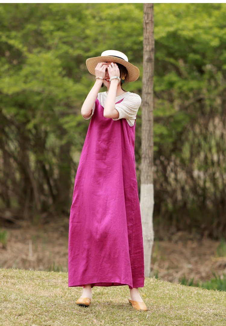 Frühlings-sommer-rosérotes Leinen-riemenkleid