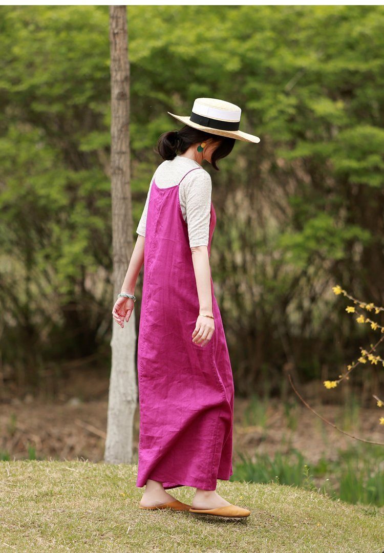 Frühlings-sommer-rosérotes Leinen-riemenkleid