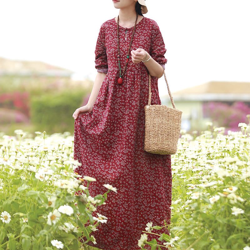 Frühlings-weinlese-blumen-baumwollleinen-loses Kleid