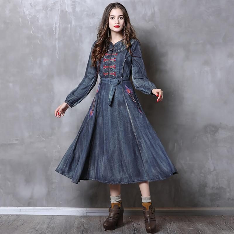 Gürtel Stickerei Vintage Damen Denim Langarm Kleid