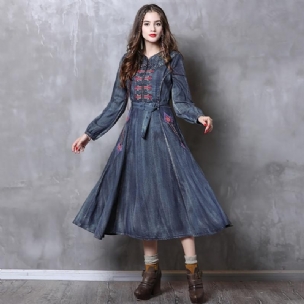 Gürtel Stickerei Vintage Damen Denim Langarm Kleid