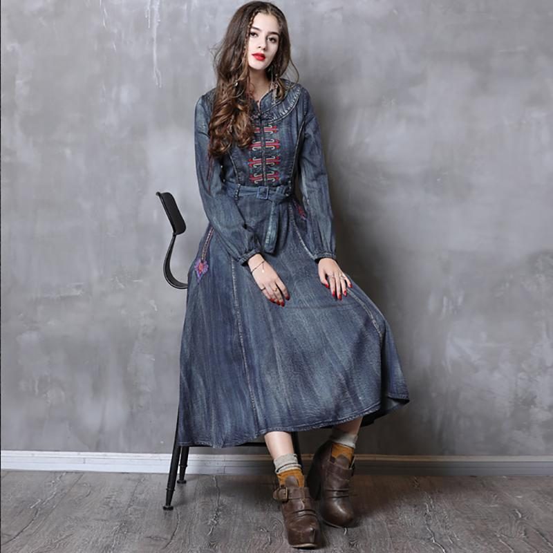 Gürtel Stickerei Vintage Damen Denim Langarm Kleid