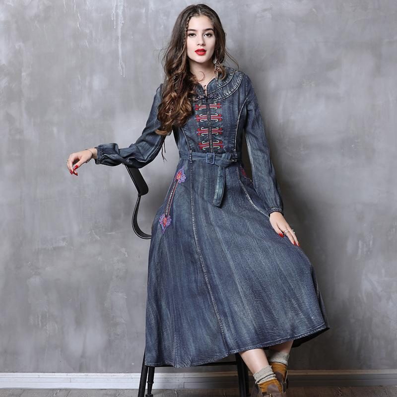 Gürtel Stickerei Vintage Damen Denim Langarm Kleid