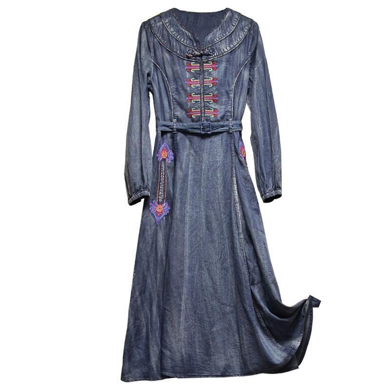 Gürtel Stickerei Vintage Damen Denim Langarm Kleid