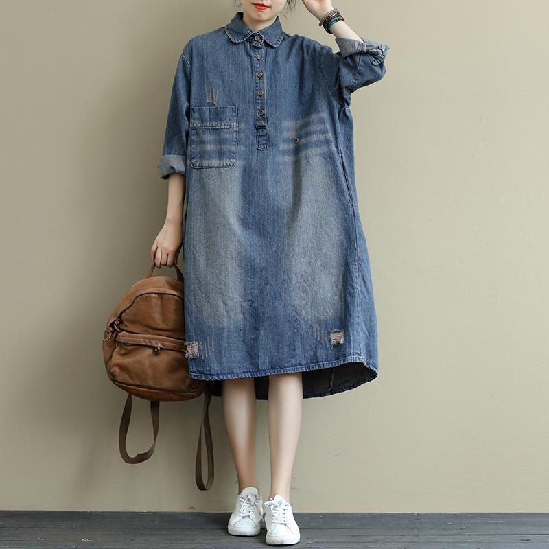 Halblanges Retro-denimkleid Mit Waschung