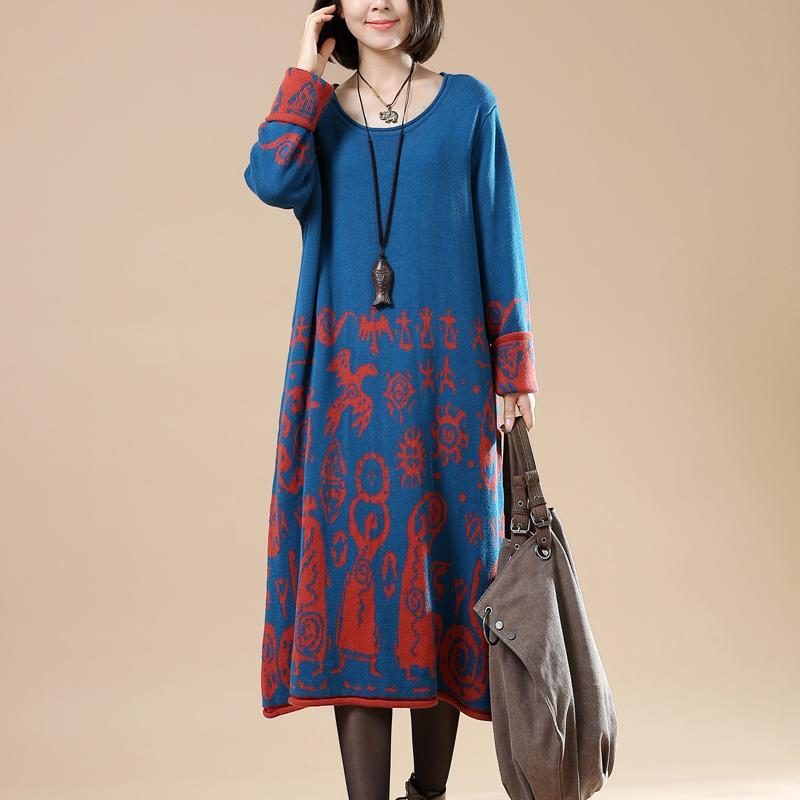 Herbst Pulloverkleid Mit Rundhalsausschnitt Und Retro-print In Übergröße