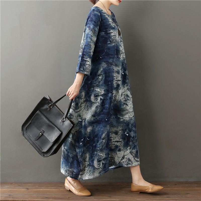 Herbst Retro Loose Thin Cotton Printed Ethnic Long Sleeve Dress