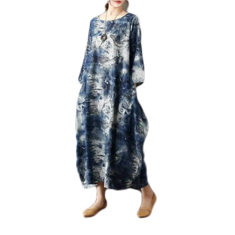 Herbst Retro Loose Thin Cotton Printed Ethnic Long Sleeve Dress