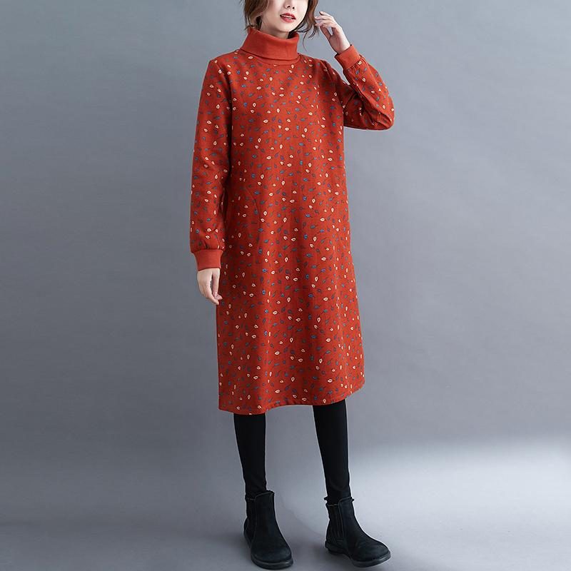 Herbst-winter-retro-print Rollkragen-plüsch-kleid