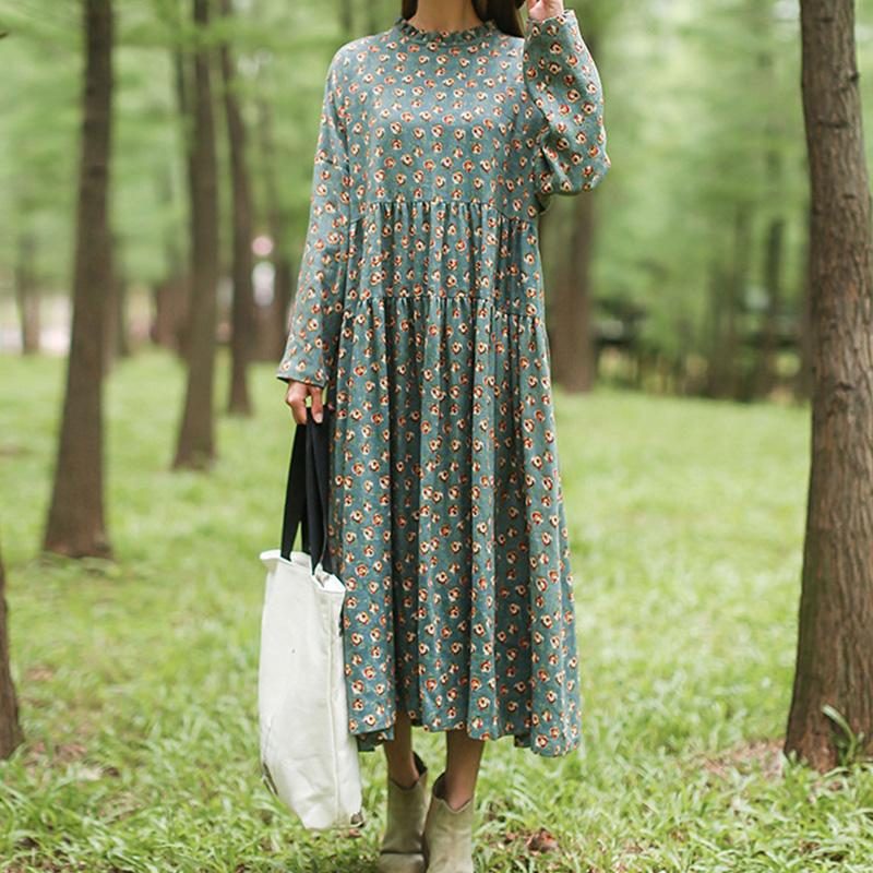 Herbstliches Retro-rüschenkleid In A-linie Mit Blumenmuster