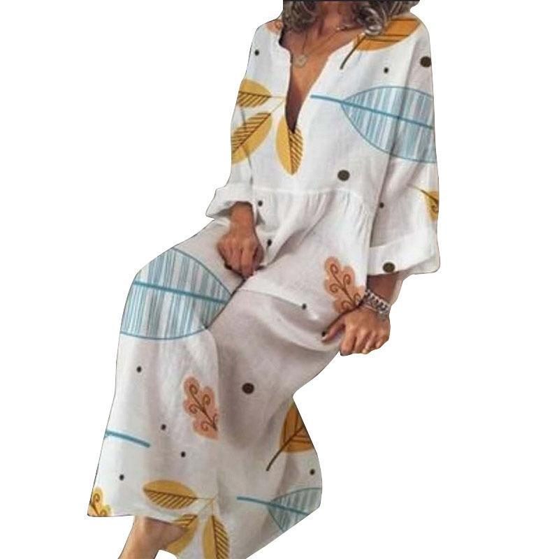 Hot V-neck Print Long Bohemian Loose Line Large Size Dress L-5xl