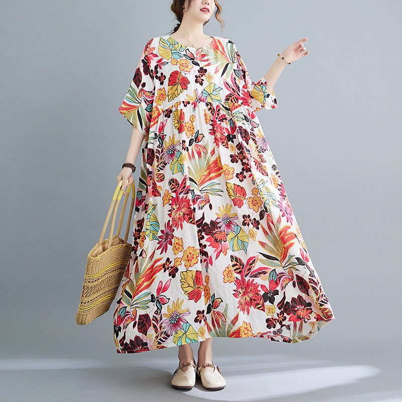 Kurzärmliges Baumwollkleid Mit Retro-blumenmuster In Übergröße Für Frühling Und Sommer