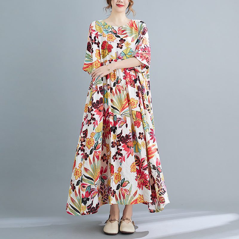 Kurzärmliges Baumwollkleid Mit Retro-blumenmuster In Übergröße Für Frühling Und Sommer