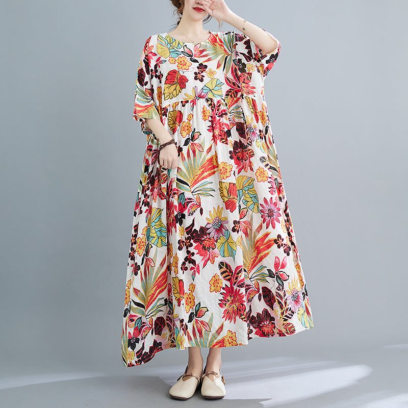 Kurzärmliges Baumwollkleid Mit Retro-blumenmuster In Übergröße Für Frühling Und Sommer