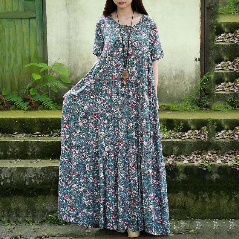 Kurzärmliges Maxikleid Mit Rundhalsausschnitt Und Knopfleiste Vorne Für Damen