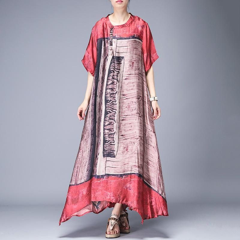 Kurzärmliges Sommerkleid Mit Unregelmäßigem Stehkragen Und Seidendruck