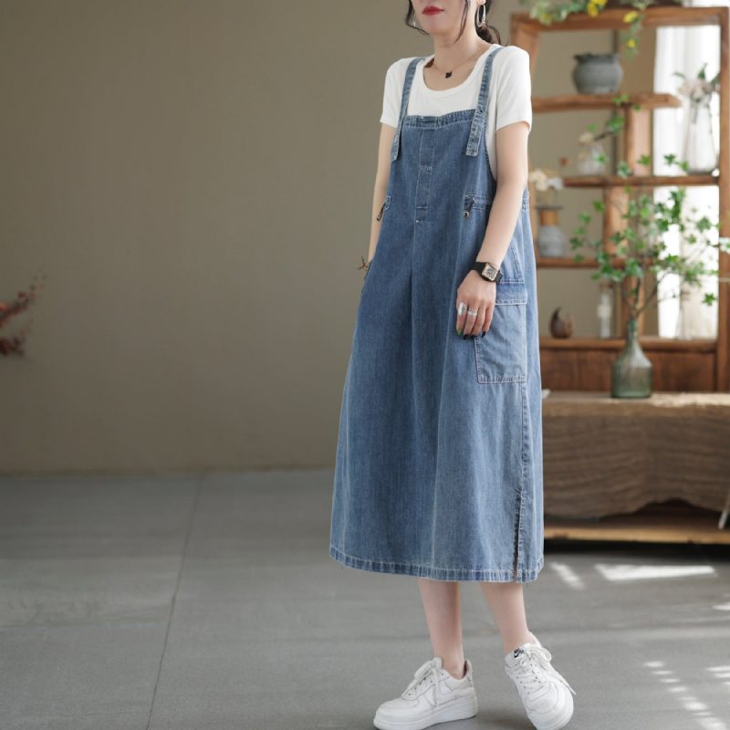 Lässiges Ärmelloses Sommer-midikleid Aus Baumwolldenim