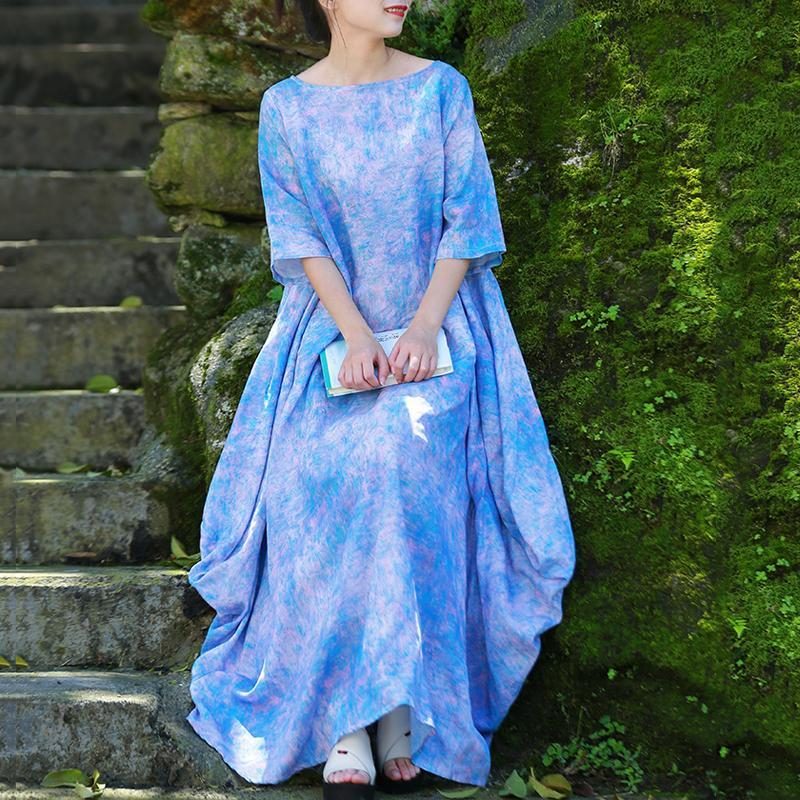 Lässiges Lockeres Leinenkleid Mit Vintage-print Und Kokon