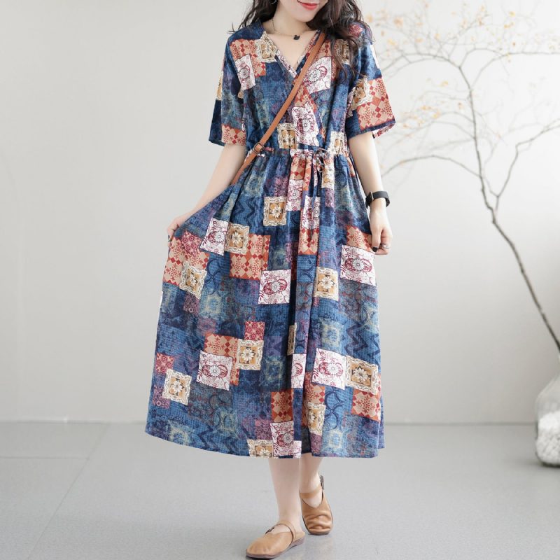 Lässiges Lockeres Retro-patchwork-baumwoll-sommerkleid